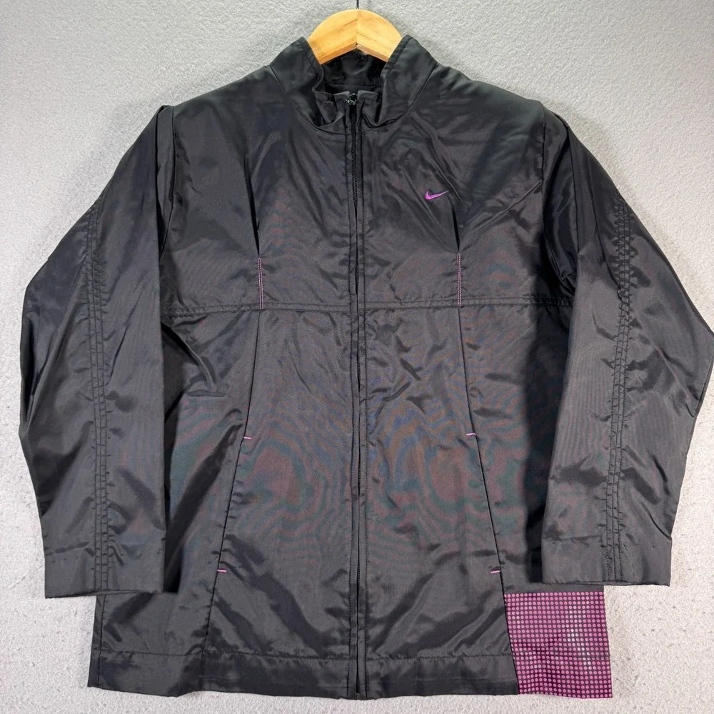Vintage Nike Windbreaker‎ Jacket Women XL 16 Black Pink Padded Swoosh Sportswear
